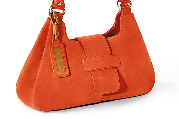 Clementine orange women's dress handbag, matching pumps and belts. Front view - Florence KOOIJMAN